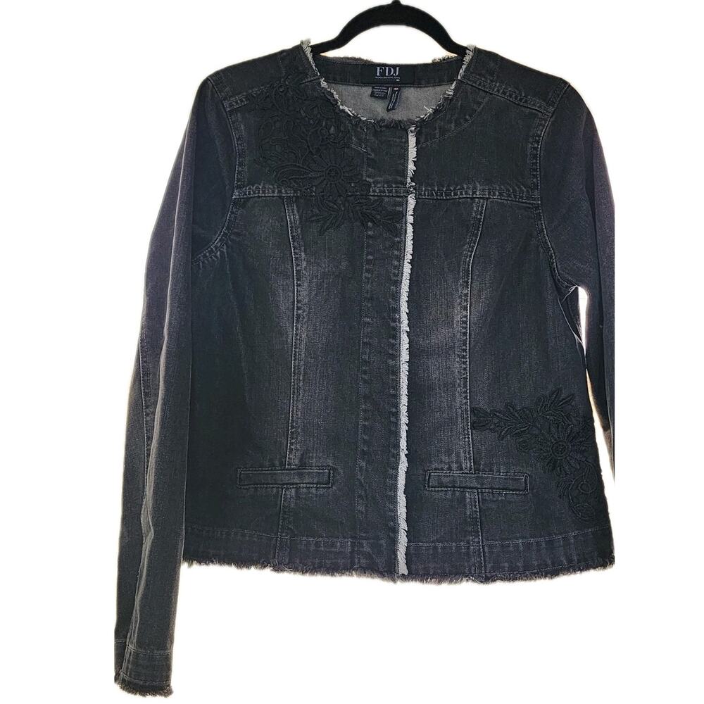 FDJ French Dressing Black Embroidered Floral Jacket Womens Medium Snap Buttons